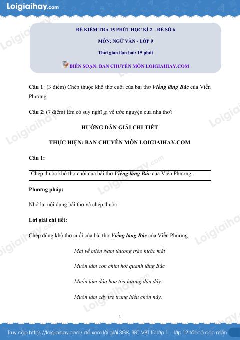 Đề kiểm tra 15 phút Văn 9 - Đề số 6